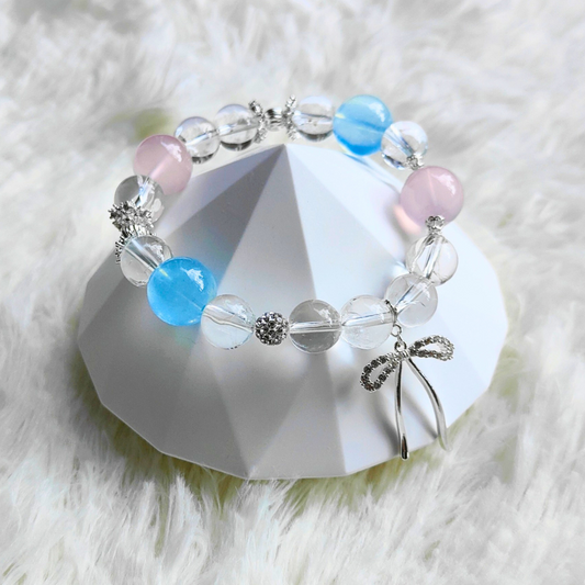 AQUAMARINE, ROSE QUARTZ & CLEAR QUARTZ CRYSTAL BRACELET IN SILVER