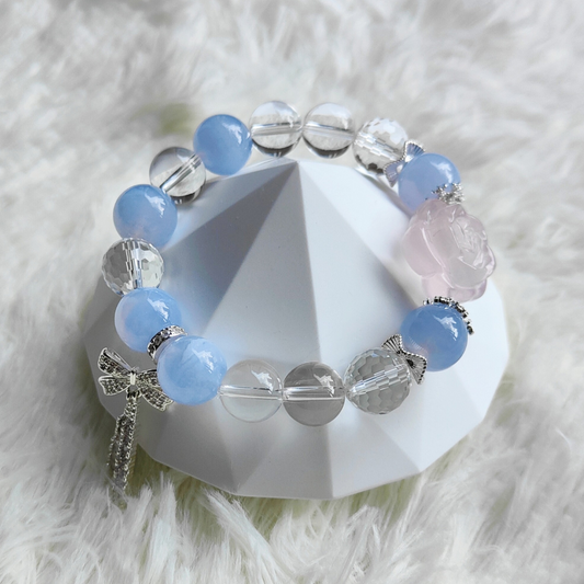 BLUE LACE AGATE, ROSE QUARTZ & CLEAR QUARTZ CRYSTAL BRACELET IN SILVER