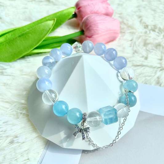 BLUE LACE AGATE, AQUAMARINE & CLEAR QUARTZ BRACELET IN SILVER