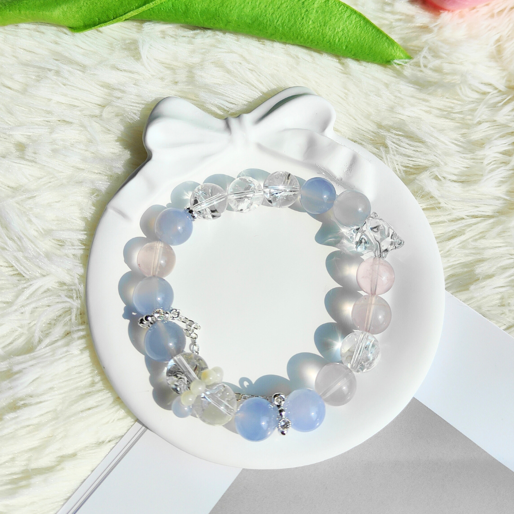 BLUE LACE AGATE, ROSE QUARTZ & CLEAR QUARTZ CRYSTAL BRACELET IN SILVER