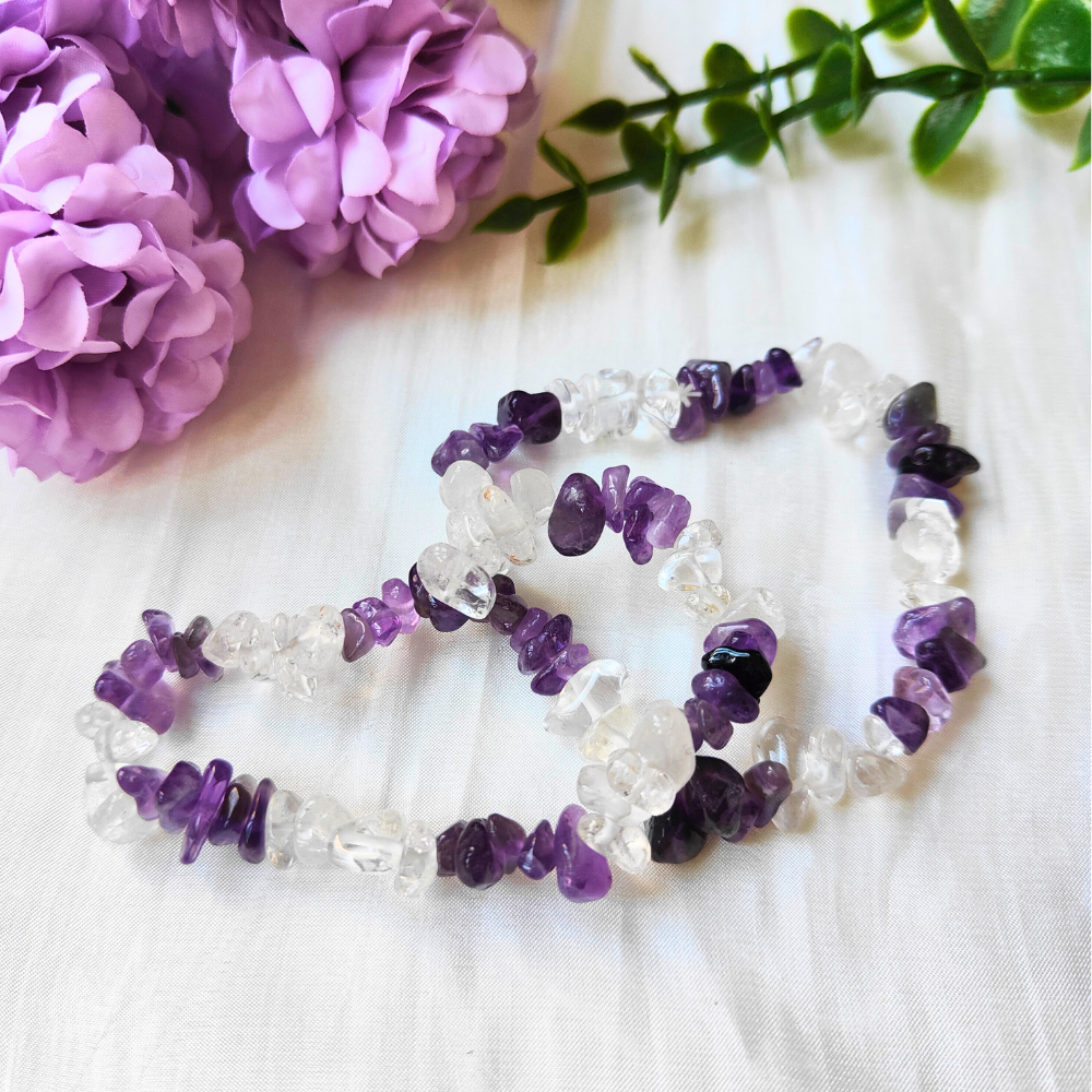 CLEAR QUARTZ AND AMETHYST CHIP BRACELET