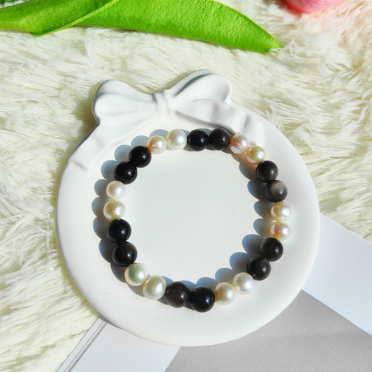 FRESHWATER PEARL & SILVER SHEEN OBSIDIAN BRACELET