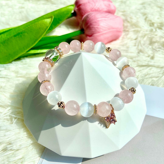 ROSE QUARTZ, SATIN SPAR & CLEAR QUARTZ BRACELET IN GOLD