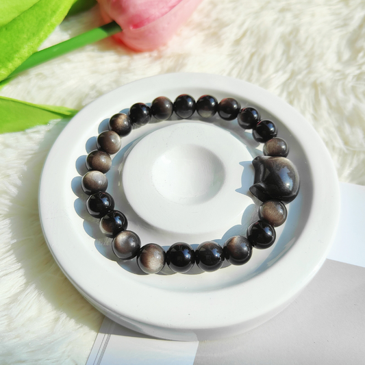 SILVER SHEEN OBSIDIAN CAT BRACELET